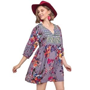 Umgee Multicolor Floral Paisley Puff Sleeve BoHo Peasant Mini Dress Women’s M.
